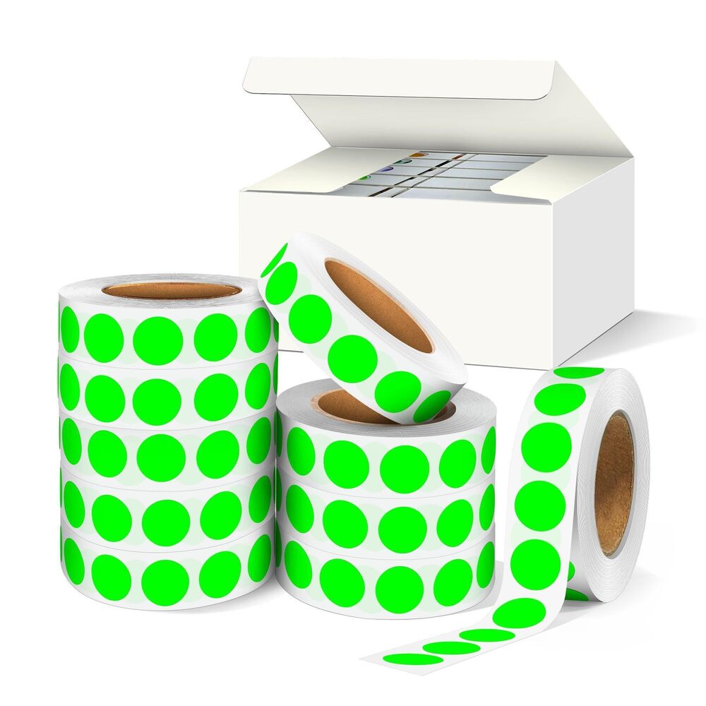 4581 10 Rolls 0.5 Inch Fluorescent Green Round Labels, 10,000Pcs Adhesive